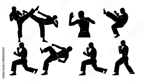 Dynamic martial arts poses depicted in black showcasing powerful movements a striking silhouette