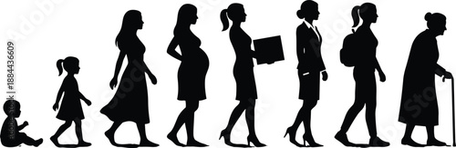 Silhouettes of female life stages from baby to elderly, illustrating aging, development, and social roles across time