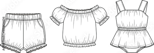  Children’s Summer Garment Sketches Ruffled Shorts, Puff Sleeve Top, Sleeveless Romper with Skirt Overlay – Black and White Line Art