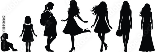 Silhouettes of female life stages from toddler to mature woman, illustrating growth, aging, and development over time