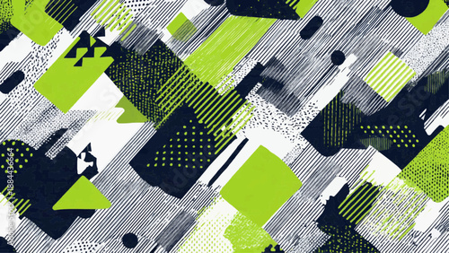 A vibrant abstract artwork features geometric shapes in green, black, and white hues.