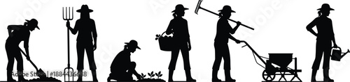 Silhouettes of gardeners in varied outdoor tasks, illustrating planting, digging, watering, and tool use in agriculture