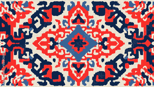Vibrant geometric pattern on a textile with red, blue, and white colors.