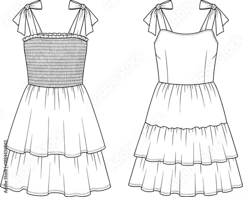 Technical Fashion Illustration of Tiered Dress with Smocked Bodice, Bow Straps, Princess Seams, and Gathered Skirt Construction Details