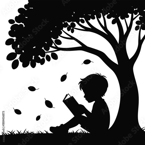 Child reading under a tree isolated on white background, Vector, illustration