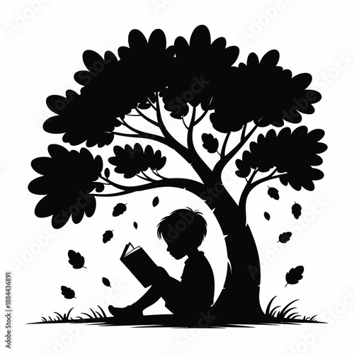 Child reading under a tree isolated on white background, Vector, illustration