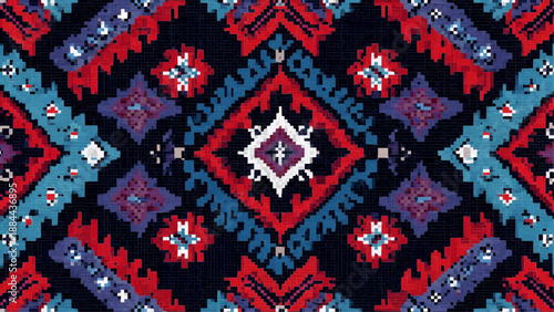 Vibrant geometric pattern features intricate design with purple, blue, and red on fabric.