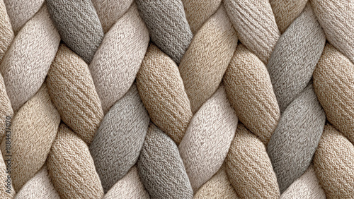 A close-up view of a textured woven rope with braided fibers in neutral beige and gray hues.