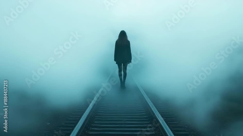 Solitary person walks along railroad track disappearing into thick, turquoise mist, conveying unknown journey and ethereal tranquility