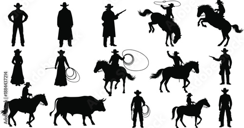 Wild west cowboy silhouettes collection featuring riders, horses, cattle and lasso actions isolated on white background for western culture, ranch life, rodeo and vintage design concepts