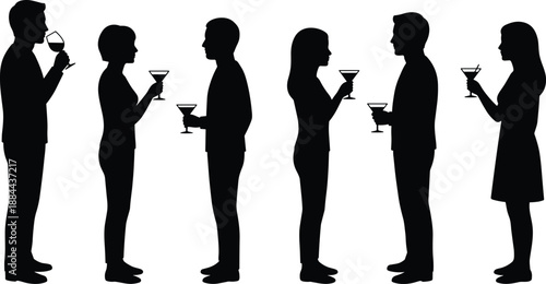 Silhouettes of men and women socializing with drinks, illustrating communication, relationships, and party interaction in pairs