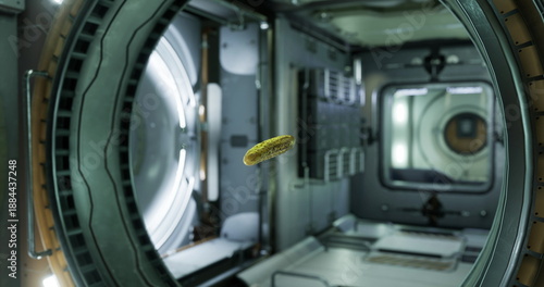A cucumber floats inside the International Space Stations laboratory. The microgravity environment allows for unique experiments with fruits and vegetables in space.
