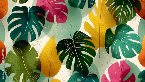 Vibrant tropical leaves fill the frame with lush foliage in various colors.