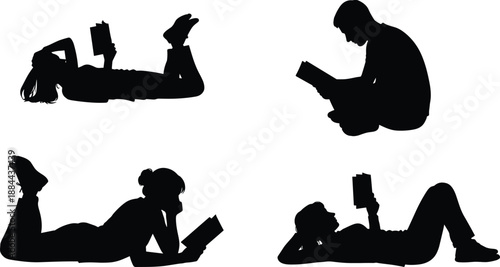 Silhouettes of people reading in relaxed positions, highlighting leisure, comfort, and engagement with books in various poses