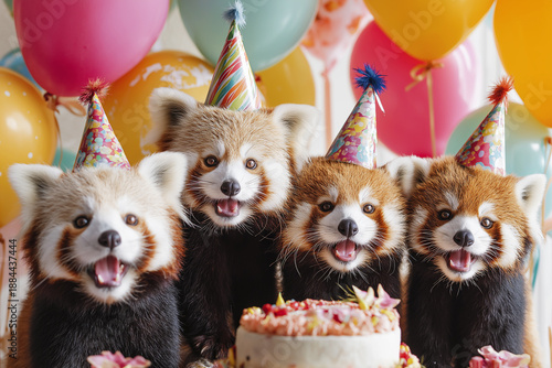 Red panda cubs celebrate a birthday in a living room. Party hats, a cake and colorful balloons create a festive mood.