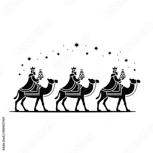 Three kings on camels isolated on white background, Vector, illustration