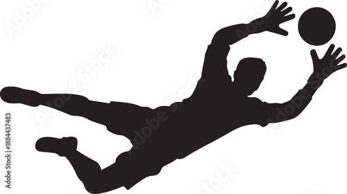 Silhouette of a soccer goalkeeper diving to catch the ball in a dynamic pose.