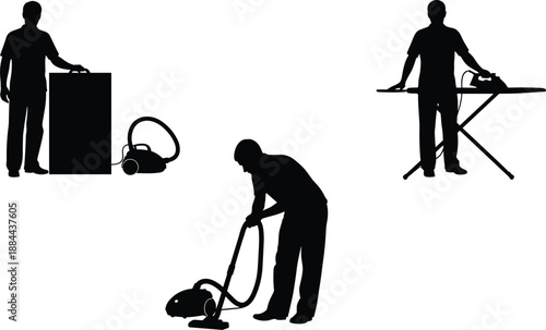 House Cleaning and Housekeeping Silhouette Set Showing Professional Worker Using Vacuum Cleaner, Ironing Board, and Cleaning Appliances Isolated on White Background Illustration