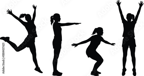 Silhouettes of person performing dynamic exercise movements, illustrating physical activity, fitness, and motion sequence