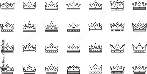 A collection of elegant outline crown icons showcasing various royal and majestic designs