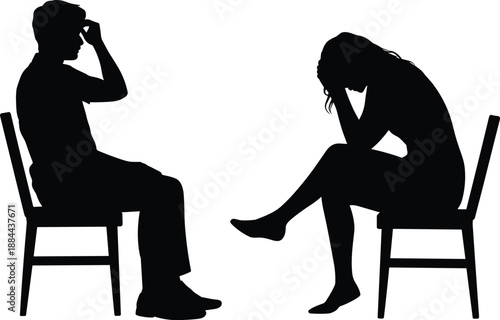 Silhouettes of seated individuals in contemplative postures, illustrating emotional distress, support, and serious conversation