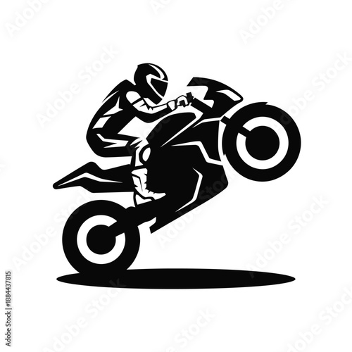 Motorcyclist performing a wheelie isolated on white background, Vector, illustration