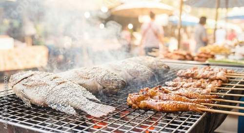 Freshly Grilled Salt-Crusted Tilapia Fish and Glazed Chicken Wing Skewers Cooking on a Charcoal BBQ at an Outdoor Southeast Asian Street Food Market in the Bright Morning Sunlight