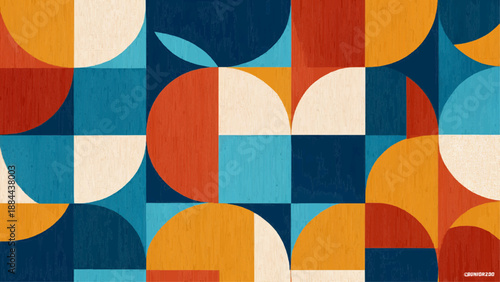 Vibrant geometric shapes fill the entire frame with abstract design