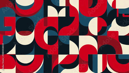 Vibrant geometric pattern artwork with red, blue, and black shapes on cream background