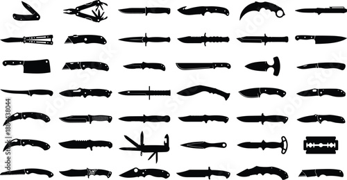 Knife Silhouettes Collection Featuring Various Blades, Folding Knives, Daggers and Tactical Tools in Black Vector Style for Survival, Hunting, Camping and Design Use