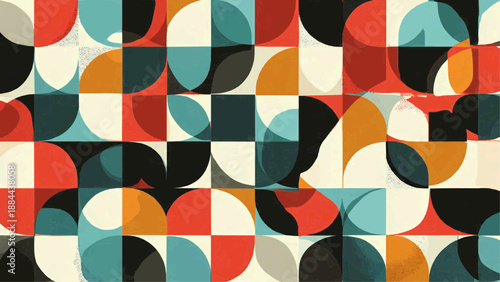 Vibrant geometric pattern of colorful shapes fills the entire frame