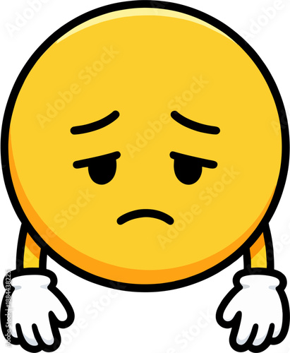 Flat cartoon sad emoji with downcast eyes and drooping arms wearing white gloves