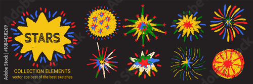 New celebration background featuring hand drawn crayon fireworks and confetti.