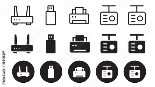 Black office equipment icons set with wireless routers on transparent background silhouette