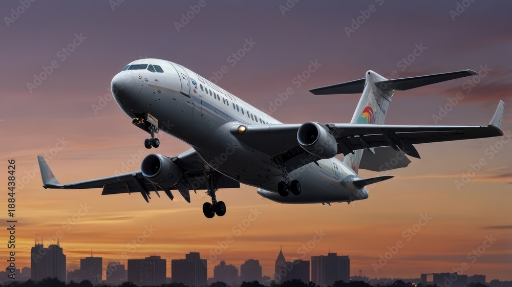 Obraz premium Jet aircraft taking off over city skyline at sunrise