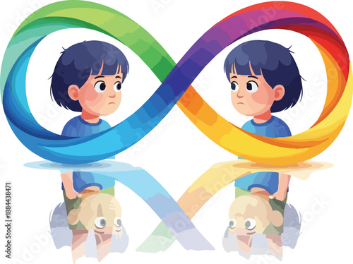 A digital illustration of a boy with dark hair and a blue shirt, surrounded by a rainbow-colored infinity symbol on a white background, reflecting awareness and support. Perfect for World