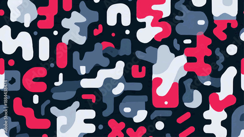 Vibrant abstract pattern of red, white, and blue shapes on a dark background