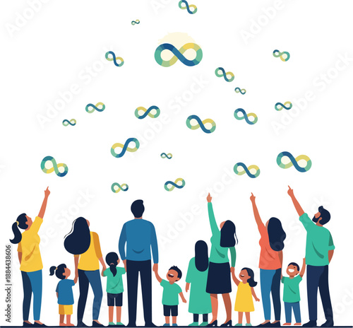A diverse group of people of all ages standing and looking up at colorful infinity symbols floating in the air, symbolizing World Autism Awareness Day. Perfect for awareness campaigns,