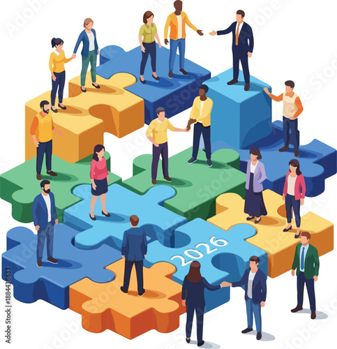 A diverse group of people standing on and connecting large puzzle pieces in various colors, symbolizing teamwork and collaboration for World Autism Awareness Day. Perfect for presentations,