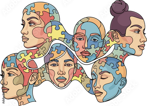 A digital illustration of diverse women's faces with puzzle pieces on their skin, symbolizing World Autism Awareness Day. Perfect for awareness campaigns, educational materials, and social