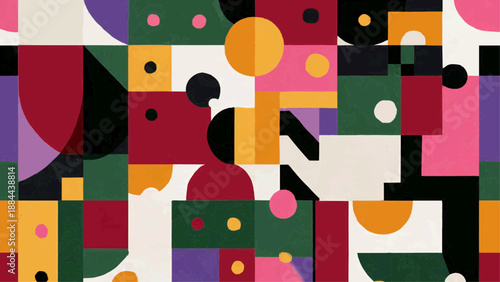 Vibrant geometric shapes create a dynamic abstract composition indoors.