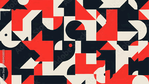 Abstract composition features geometric shapes in red, black, and white colors.