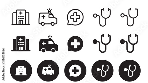 Healthcare icons featuring hospital ambulance and stethoscope a black silhouette on transparent background