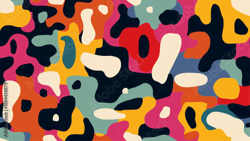 Vibrant abstract pattern features colorful shapes and bold designs on a graphic surface.