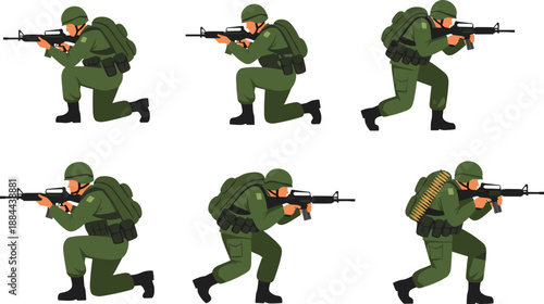 Military Soldier Illustration Set Showing Armed Infantry Troops in Tactical Combat Poses with Rifles and Full Gear for Army, Defense, and Warfare Concepts Isolated on White Background