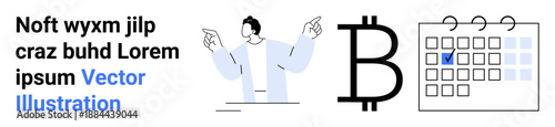 Cryptocurrency trends, financial planning, investment strategies, scheduling, digital currency, blockchain. Bitcoin symbol alongside a person pointing and a calendar with a marked date