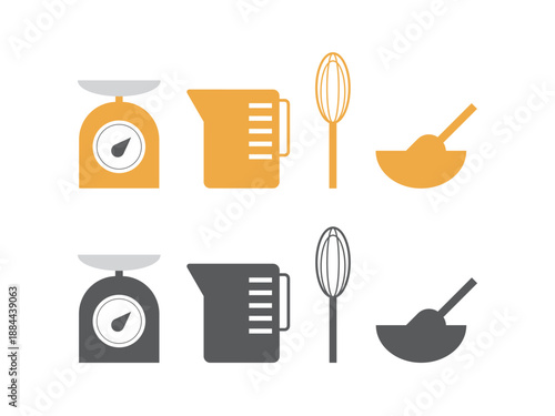 お菓子作りの道具（計量器、計量カップ、泡立て器）のアイコンのイラストのセット