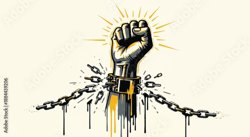 Raised Fist Breaking Chains for World Day of Social Justice Camera Angle