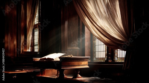 Wallpaper Mural Illuminated antique book rests upon an ornate wooden desk within a darkly paneled room featuring dramatic window light. Torontodigital.ca