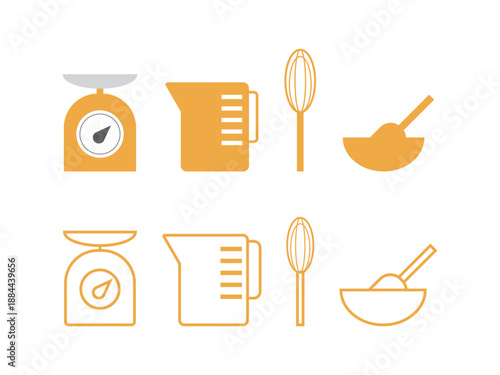 お菓子作りの道具（計量器、計量カップ、泡立て器）のアイコンのイラストのセット